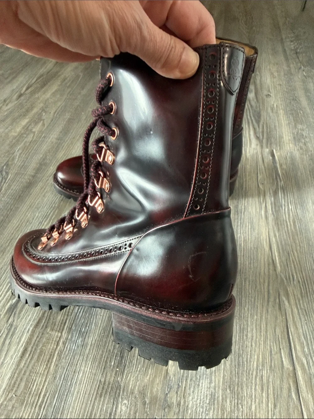 Women's Burgundy Lace-Up Wingtip Boots with Contrast Suede Tongue - Picture 3 of 8
